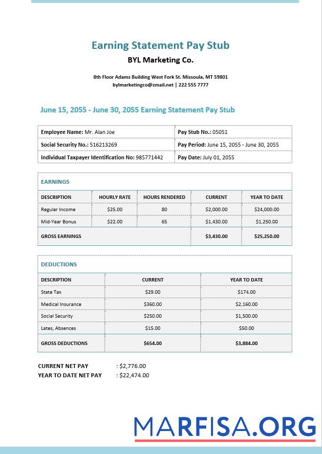 Printable BYL Marketing Co. earnings statement scr download for verification